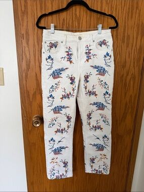 Maje White Straight-Leg Jeans with Colorful Floral Embroidery